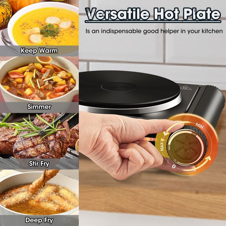 CUSIMAX Hot Plate,1500W Electric Portable Cast Iron Stove with Temperature Controls,Hot Plates for Cooking,Compatible for All Cookwares,Concealed Handle,Easy to Clean - Image 6