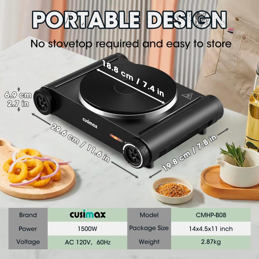 CUSIMAX Hot Plate,1500W Electric Portable Cast Iron Stove with Temperature Controls,Hot Plates for Cooking,Compatible for All Cookwares,Concealed Handle,Easy to Clean - Image 7