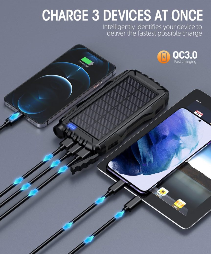 Power-Bank-Solar-Charger - 42800mAh Portable Charger,Solar Power Bank,External Battery Pack 5V3.1A Qc 3.0 Fast Charger Built-in Super Bright Flashlight (Deep Black) - Image 3