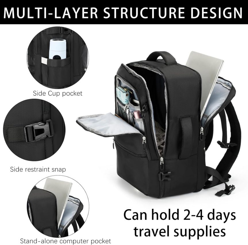 Travel Laptop Backpack, Extra Large Backpacks, Flight Approved Daypack, Business Bag Fit 17.3 inch Laptop for Men Women (Black) - Image 4