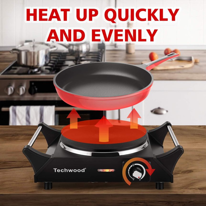 Techwood Hot Plate Portable Electric Stove 1500W Countertop Single Burner with Adjustable Temperature & Stay Cool Handles, 7.3” Cooktop for Dorm Office/Home/Camp, Compatible for All Cookwares - Image 4